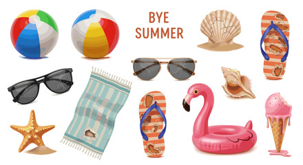 Assorted beach themed items including balls sunglasses and flipflops with bye summer text above shells