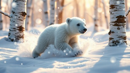 Polar bear cub in snow. A cute young polar bear running playfully through deep snow in a winter forest.