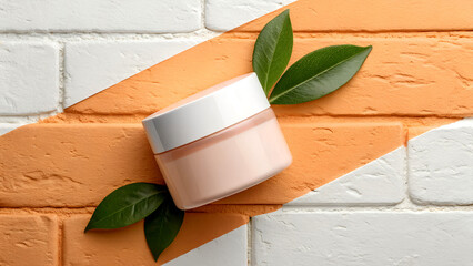 Luxurious skincare jar with fresh green leaves on stylish orange and white brick background