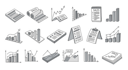 Fototapeta premium Collection of hand drawn sales data charts and graphs with bar and line representations for business analysis