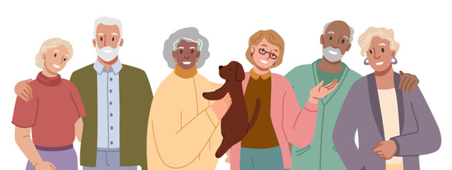 modern different happy old senior people pensioner elderly men women fashion stylish clothes group portrait of aged retired characters graphic illustration background