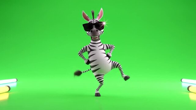 3D zebra cartoon in sunglasses dancing with energetic club-style moves on bright green background