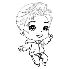 Line art illustration of a stylish chibi boy with green hair for a coloring book.
