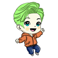 Vector illustration of a cute chibi cartoon boy with vibrant green hair jumping happily.