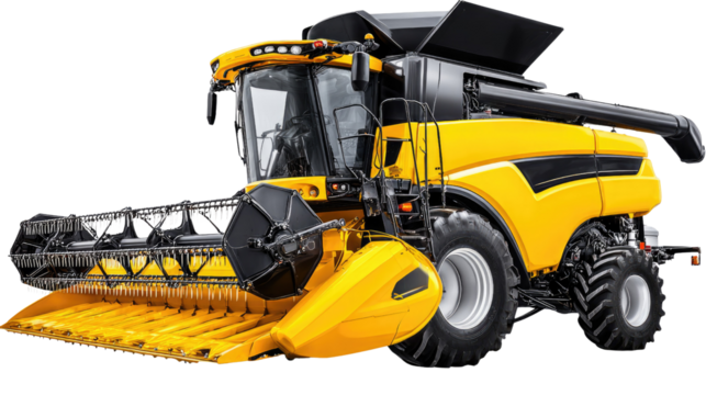 Yellow modern agricultural combine harvester machinery on white background for farming and crop production
