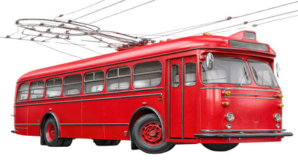 Vintage Red Trolley Bus with Overhead Wires in an Urban Setting for Public Transport Illustration