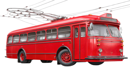 Vintage Red Trolley Bus with Overhead Wires in an Urban Setting for Public Transport Illustration