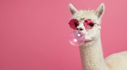 ​A fluffy white alpaca strikes a pose against a vibrant pink backdrop, sporting stylish round pink sunglasses. A large, inflated pink bubblegum extends from its mouth, adding a playful touch.  