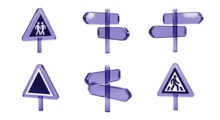Obraz premium Transparent purple street signs on white pointing directions pedestrian crossing school zone direction transportation concept education warning safety