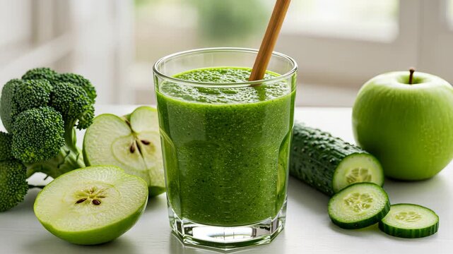 Refreshing green smoothie with fresh vegetables and fruits on a kitchen table