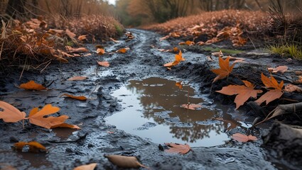 Muddy Trail with Russet Leaves and a Puddle Reflection, created with generative ai