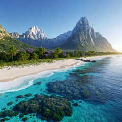 A stunning tropical beach with crystal-clear blue waters, white sand, and lush vegetation. The mountains in the background are covered in dense forest, and the sky is blue, suggesting a serene and pic