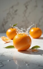 Fresh oranges with green leaves and water splash create a refreshing and vibrant scene