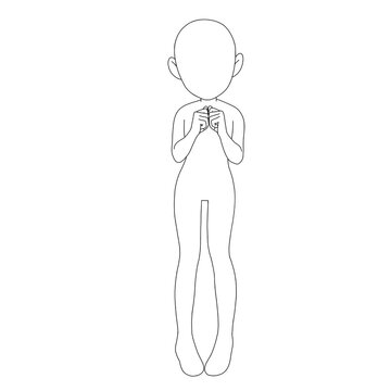minimal line art of a faceless character holding hands close to the chest, expressing shyness, love, or a quiet emotion, in a simple and soft anime-inspired style