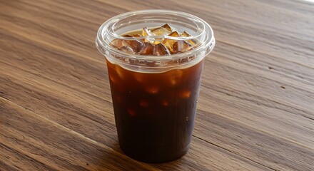 Iced Americano drink on wooden surface
