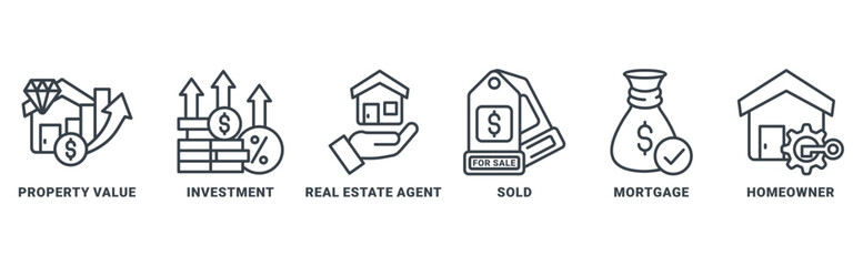 Real Estate icon set vector concept with icon of property value, investment, real estate agent, sold, mortgage, homeowner