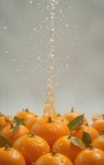 Fresh oranges with green leaves and water splash create a refreshing and vibrant scene