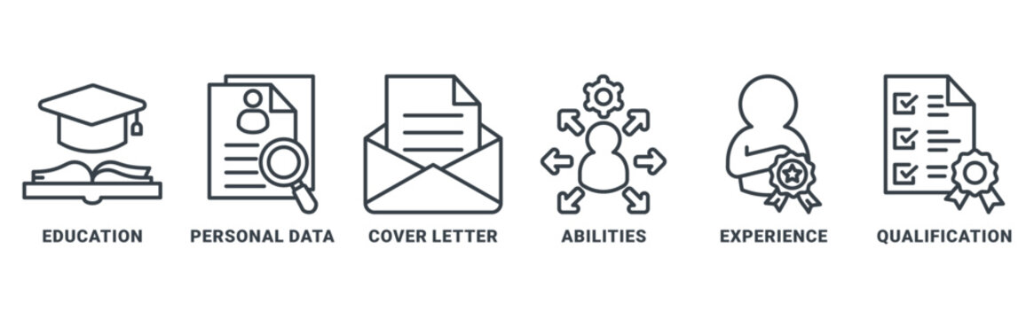 Curriculum Vitae icon set vector concept with icon of education, personal data, cover letter, abilities, experience, qualifications