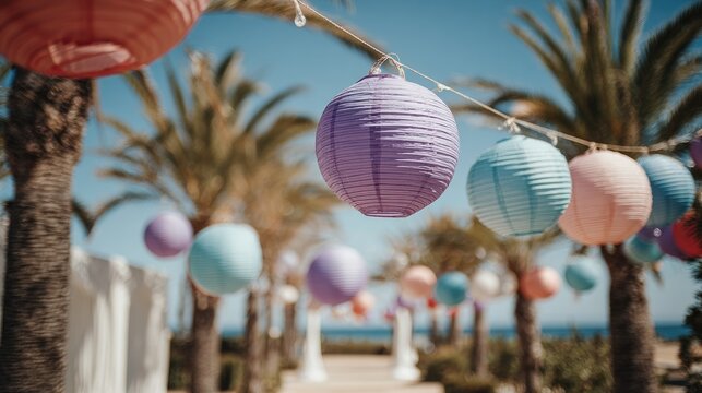 Colorful paper lanterns strung between palm trees