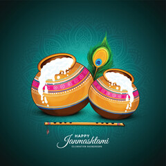 Happy janmashtami festival background with matki and makhan