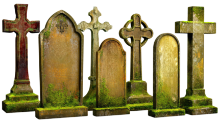 Collection of Old and Weathered Tombstones Surrounded by Greenery in a Graveyard Setting
