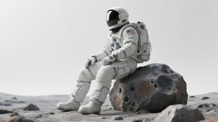 Fototapeta premium An Astronaut's Journey: Exploration of the Cosmos While Sitting on Moon Rocks in a Space Suit and Helmet
