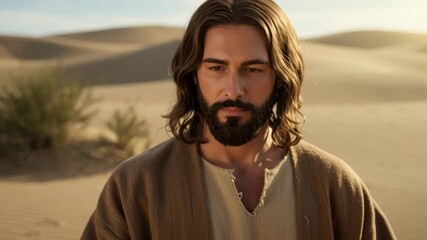  Jesus Christ holding basket with bread and fish in desert, biblical times, bible story footage.