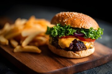 Juicy Gourmet Beef Burger with Crispy Fries