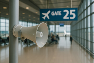 A public announcement system is visible near gate 25 as passengers await their flights in a modern airport terminal