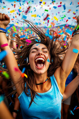 Obraz premium A woman with her hair blowing in the wind at a music festival