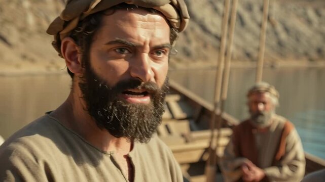 Jesus Christ and disciples on shore, ancient boat, biblical scene from New Testament, religious footage.