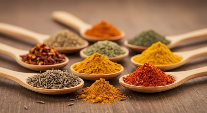 Aromatic Spices Collection: Culinary Delights on Wooden Spoons