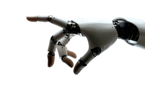 Futuristic Robot Hand Reaching Out in Gesture of Interaction Isolate on Transparent Background, cutout, png
