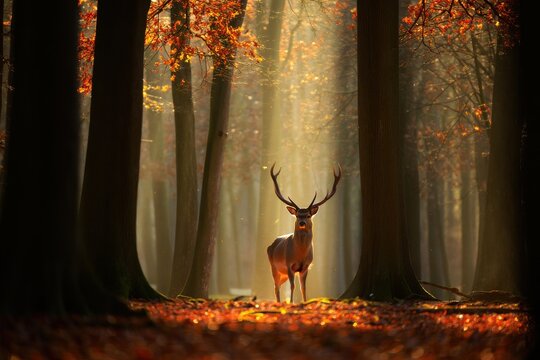 A majestic stag stands in a forest bathed in golden autumn light transparent background