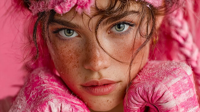Close-up portrait of a girl with freckles and icy pink boxing gloves, symbolizing strength, beauty, and breast cancer awareness