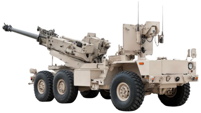 Highly Mobile Artillery System with Advanced Targeting Capabilities and Modern Design on White Background