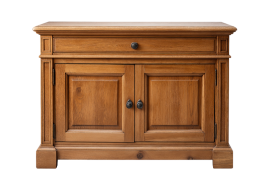 A solid oak sideboard with two doors and one drawer, isolated on a transparent background in PNG format.