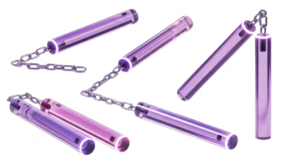3D rendering of transparent purple nunchucks static display against a pure white background potentially for weapon design martial arts or gaming assets