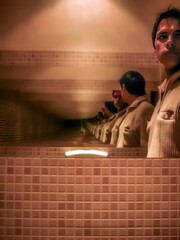 The guy is reflected in the mirror as many copies	
