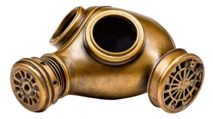 Vintage Bronze Gas Mask with Detailed Filters and Unique Design for Historical and Artistic Purposes