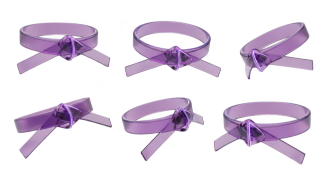 Purple transparent ribbons in different angles and positions tied in a bow isolated on a white background Suitable for design decoration and crafting