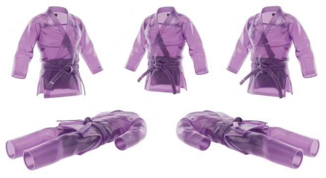 Transparent purple martial arts uniform displays various poses floating against a clean white backdrop Ideal for showcasing training attire