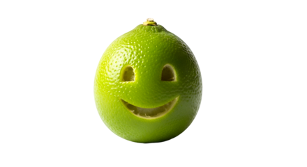 Lime displays a carved smiling face against black background in studio lighting setup