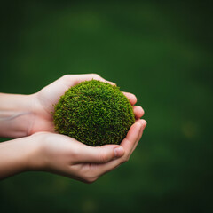 Hands holding a green moss ball. Concept of environmental care, conservation, and protecting the earth and nature.
