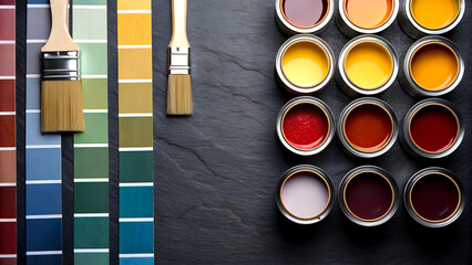 Inspiring color palettes and paint cans with brushes for creative home renovation and design projects