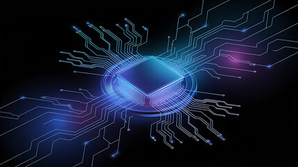 A glowing microchip at the center of a complex, interconnected circuit board, symbolizing advanced processing.
