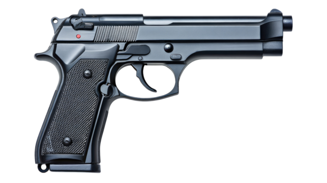 Realistic black semi-automatic handgun isolated on white background for use in educational and security contexts