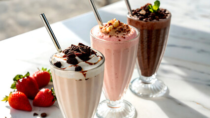 Indulge in decadent strawberry and chocolate milkshakes topped with whipped cream and cherries.