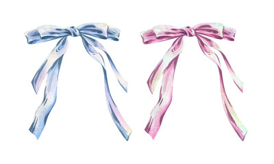 Bows coquette with long flowing tails, satin, silk, textile, blue and pink pastel shades. Watercolor illustration hand-drawn. Set of isolated elements. For feminine, male and festive decor and designs