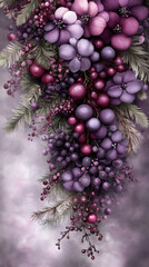 Elegant Purple Floral and Berry Arrangement with Pine Branches – Pastel Artistic Composition